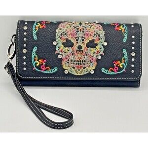 Montana West Sugar Skull Wristlet Wallet Black Faux Leather Embroidered EUC
